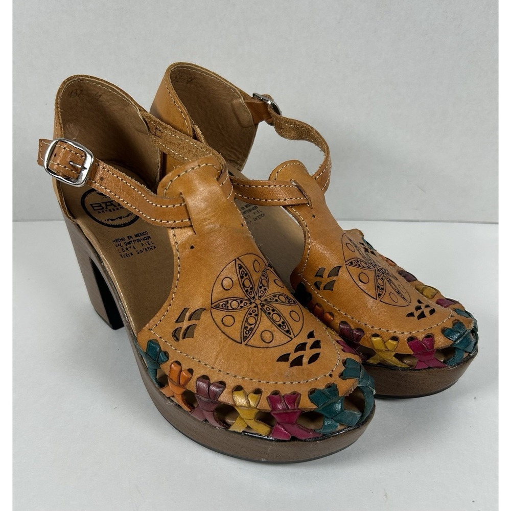 Mexican Leather Huarache Platform Chunky Heel Sandals Mexico 4 US 6-6.5 Colorful